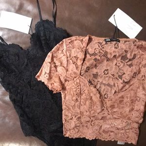 Zara NWT lace bundle—crop top & body suit, sz S
